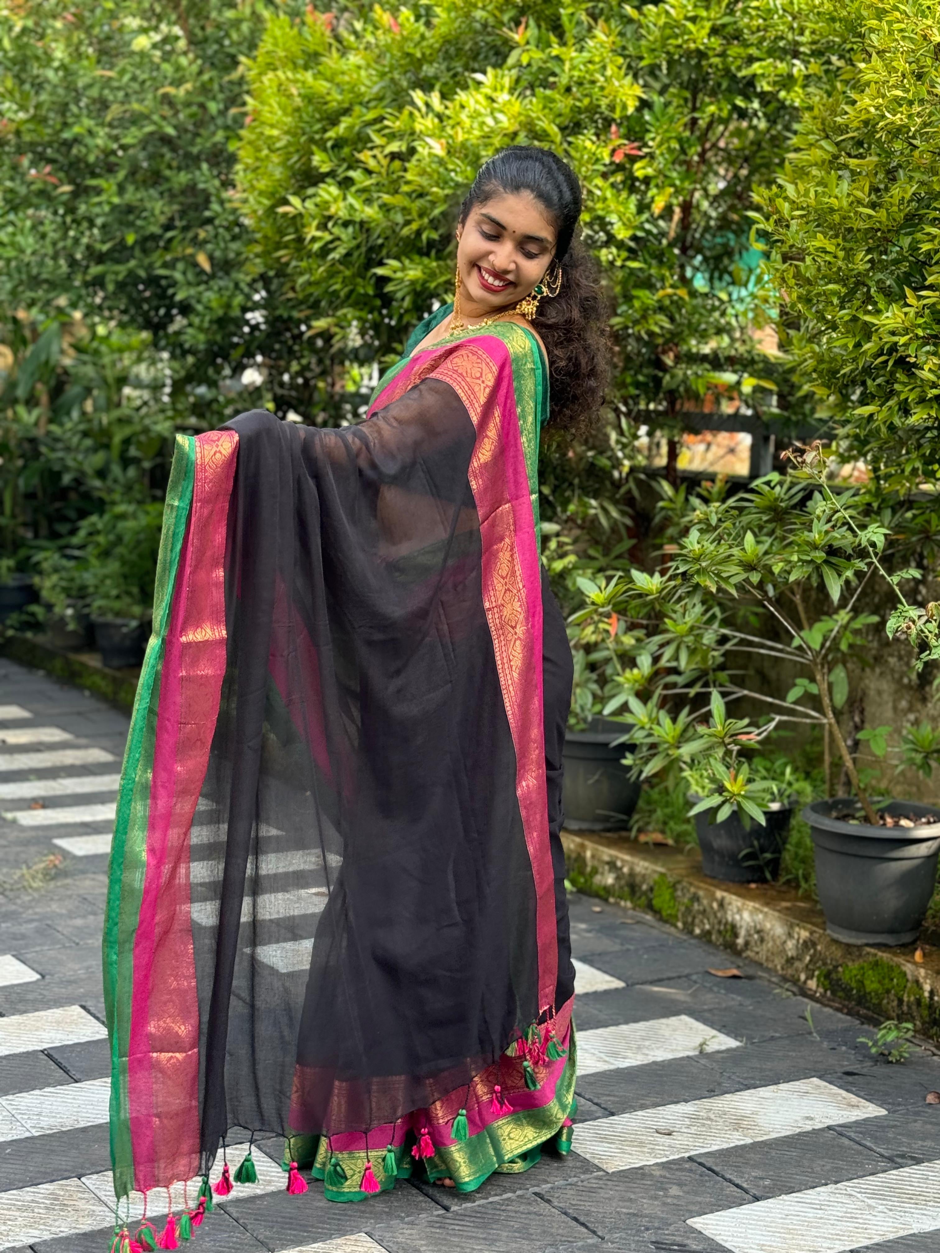 Mul Mul Cotton Saree - Black With Multi Coloured Border