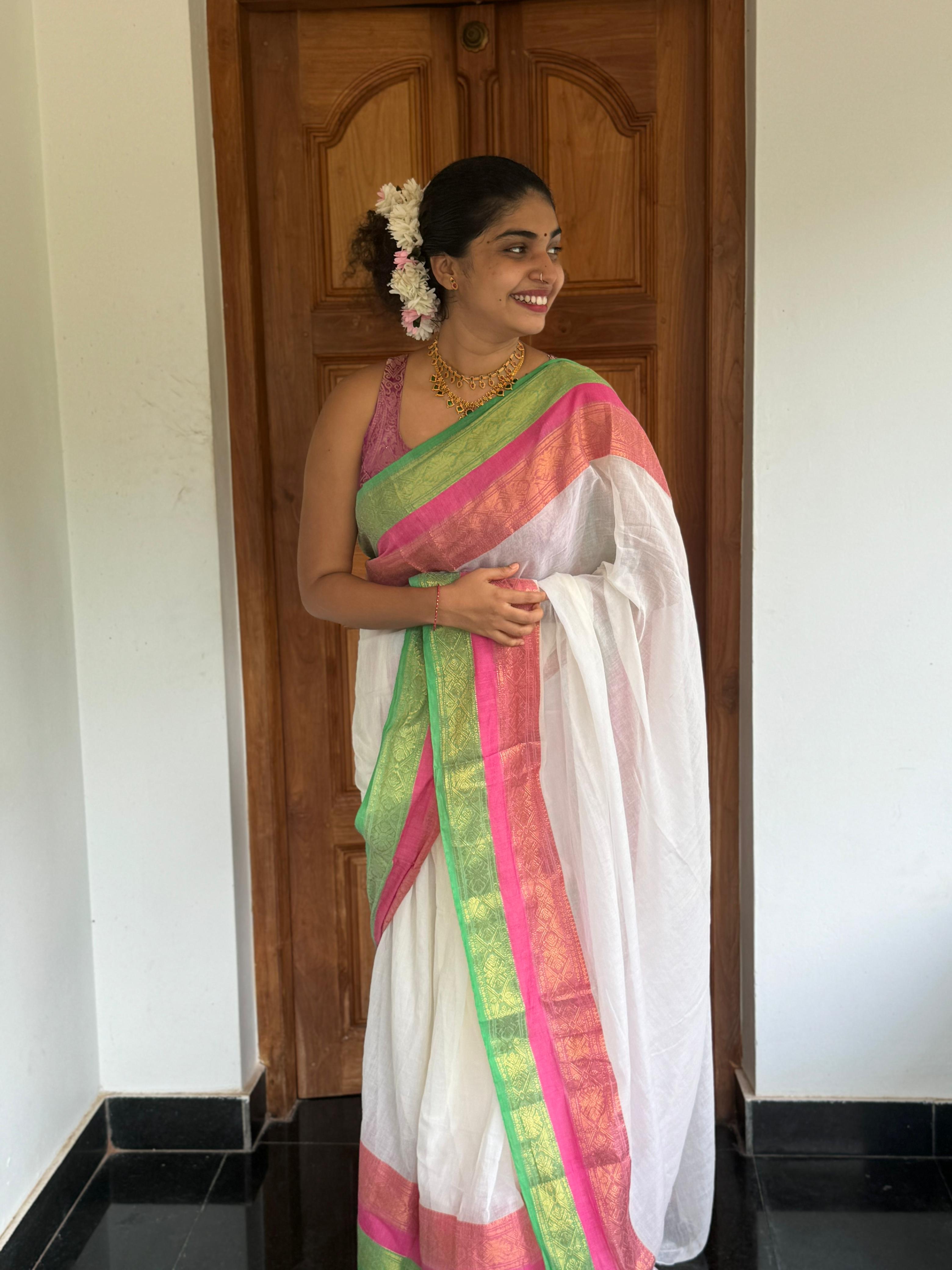 Mul Mul Cotton Saree - White With Multi Colour Border