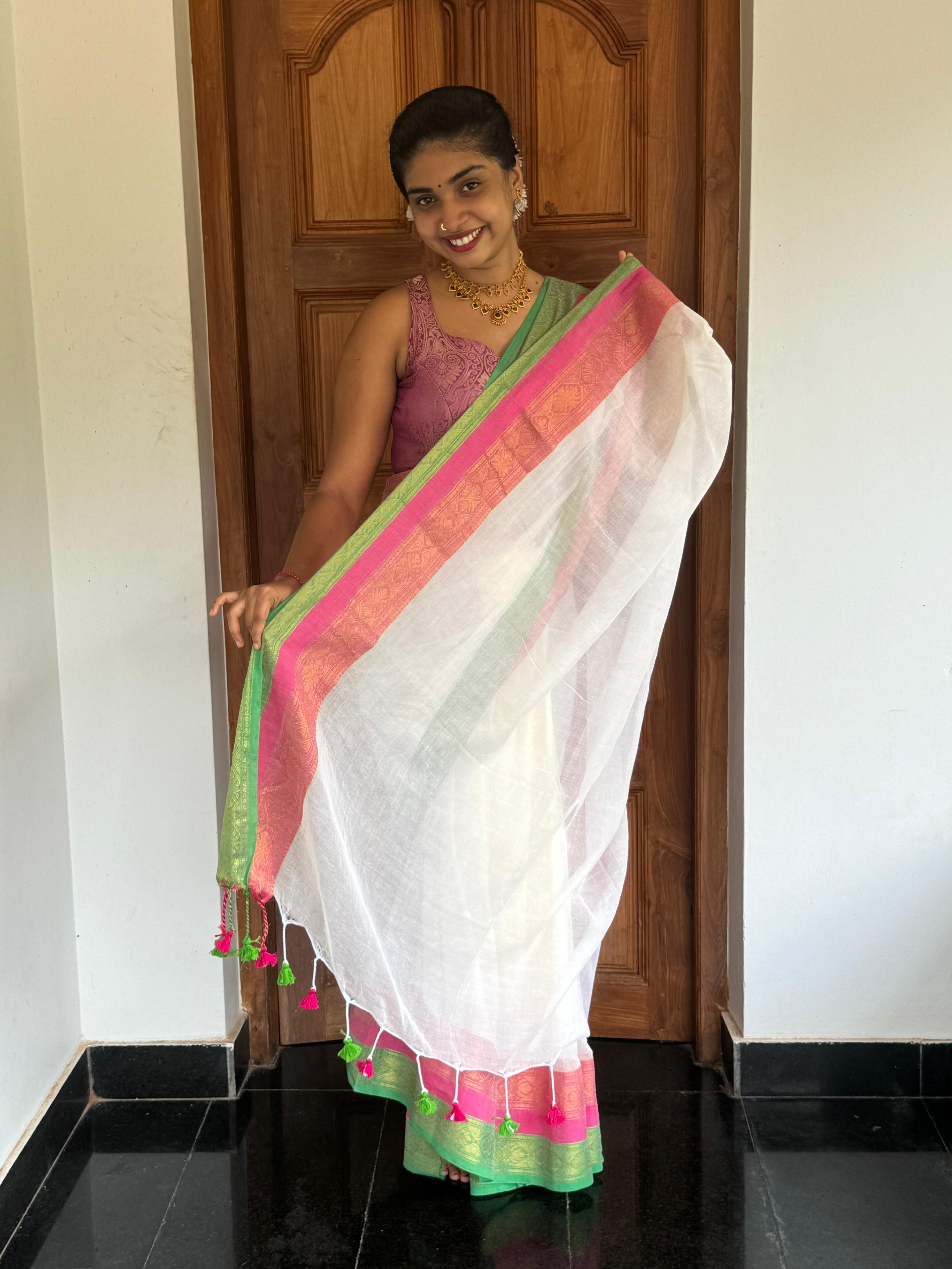Mul Mul Cotton Saree - White With Multi Colour Border