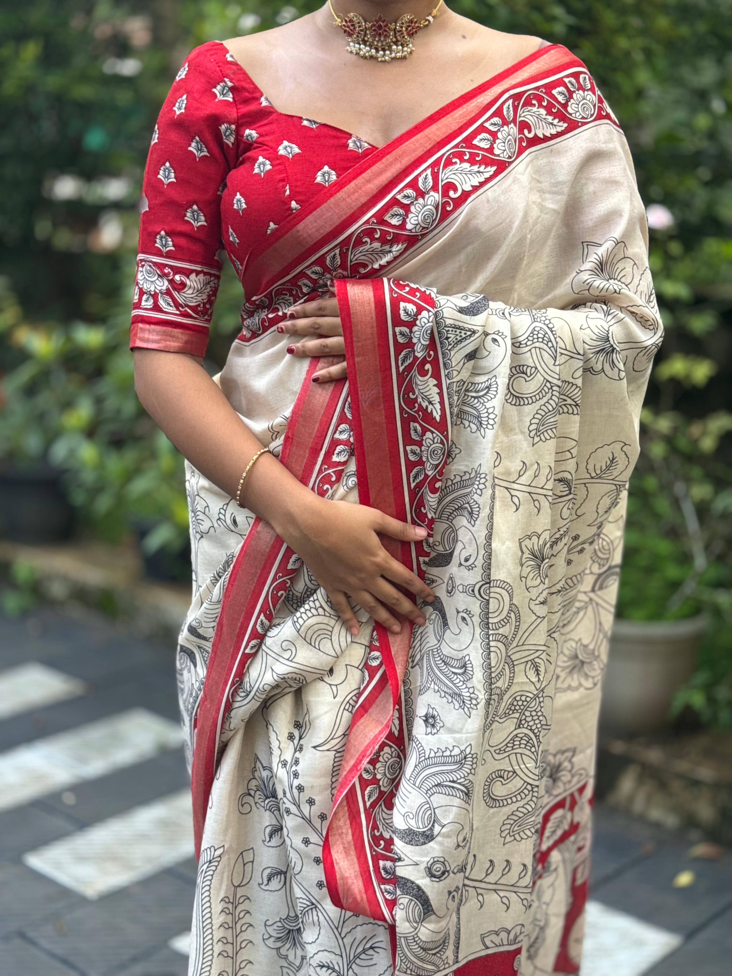Cotton silk saree Red with Off white- Onam Special
