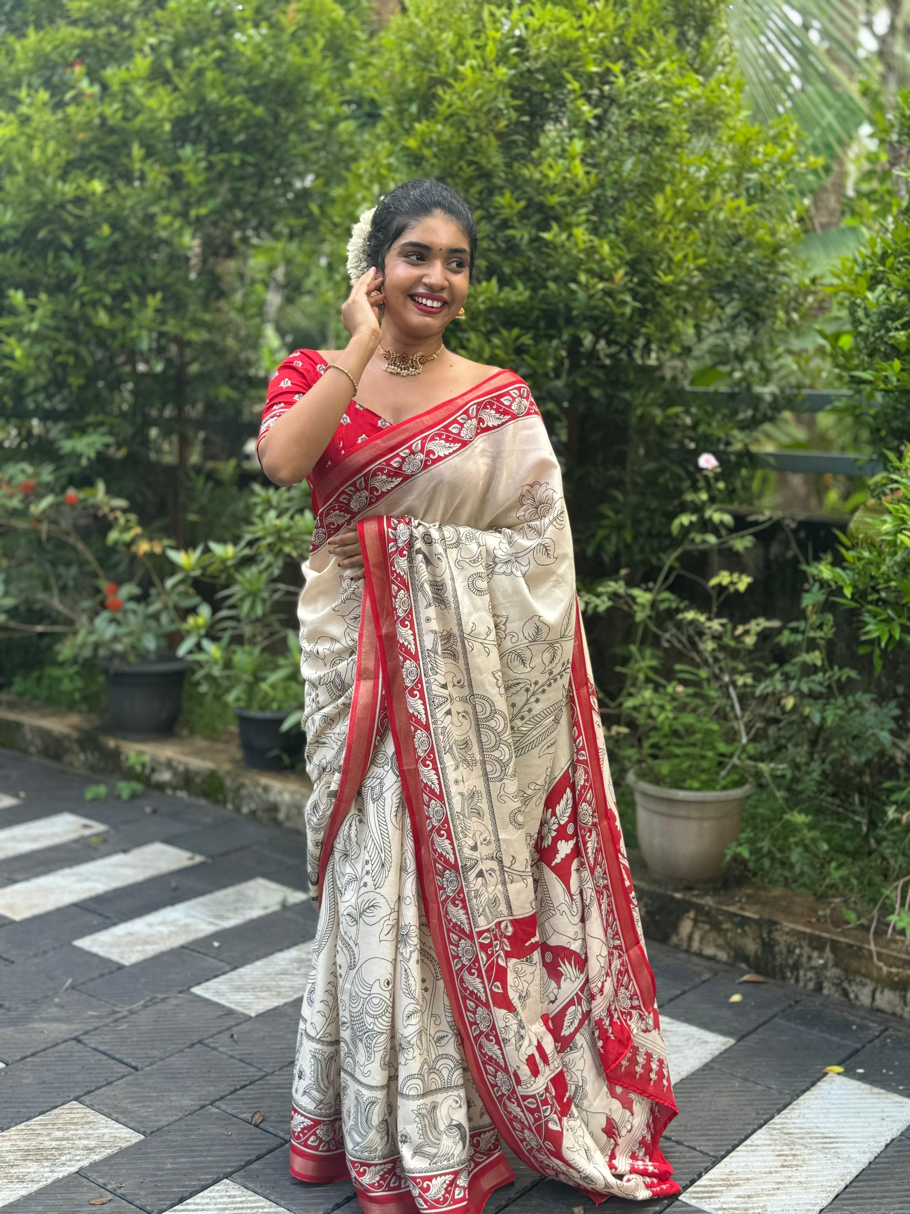 Cotton silk saree Red with Off white- Onam Special