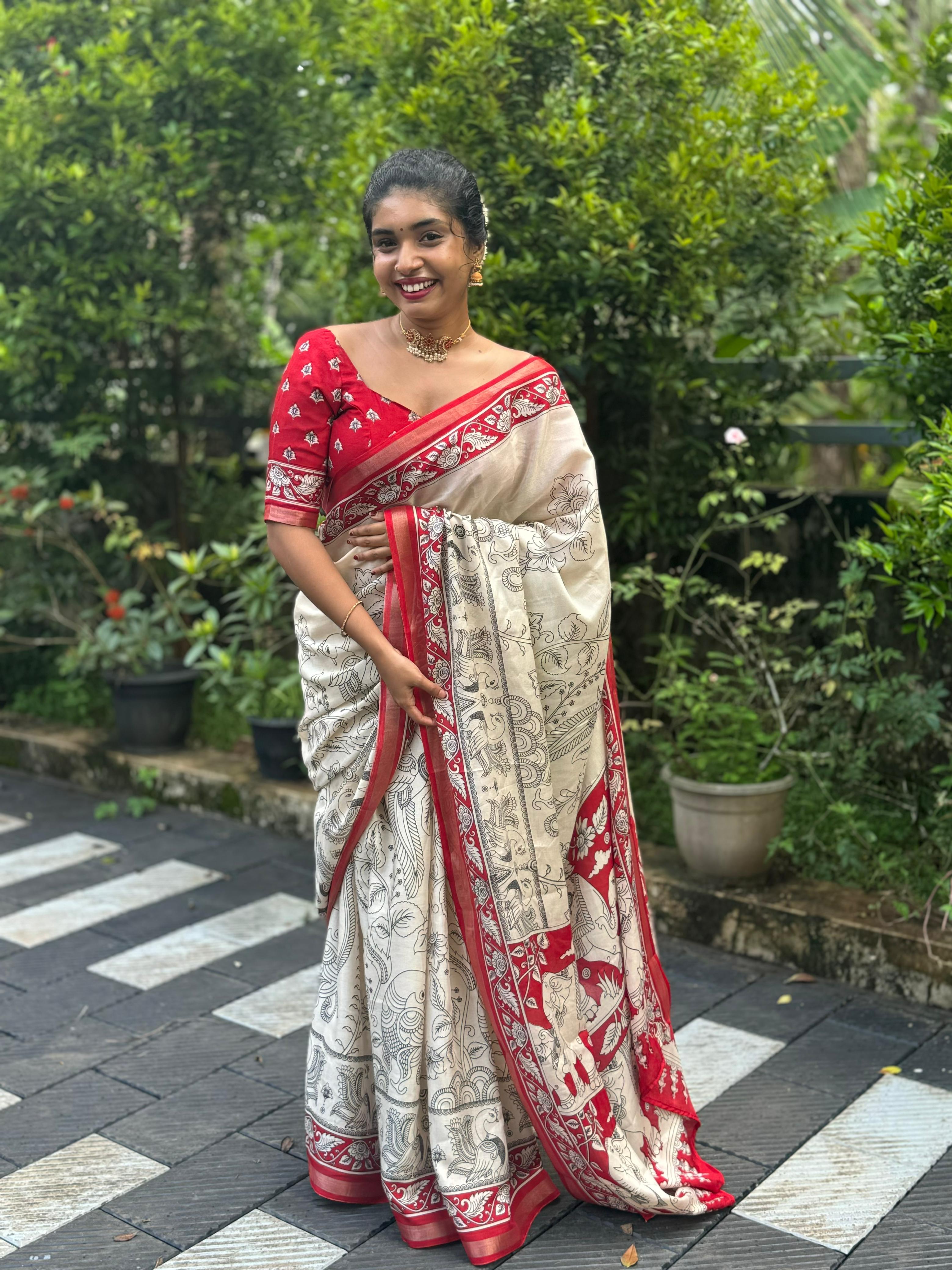 Cotton silk saree Red with Off white- Onam Special