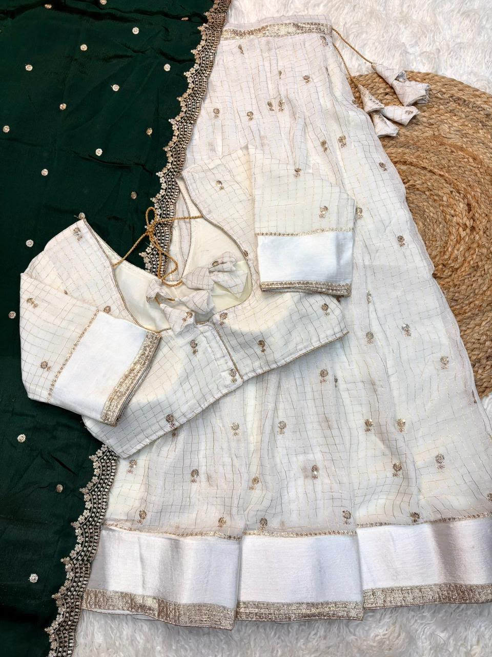 Fully Stitched Viscose Half Saree- White and Green.