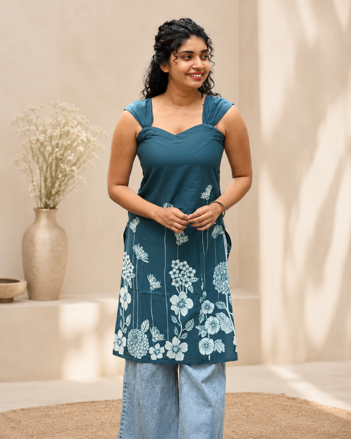Knee length Kurti - Bluish Green
