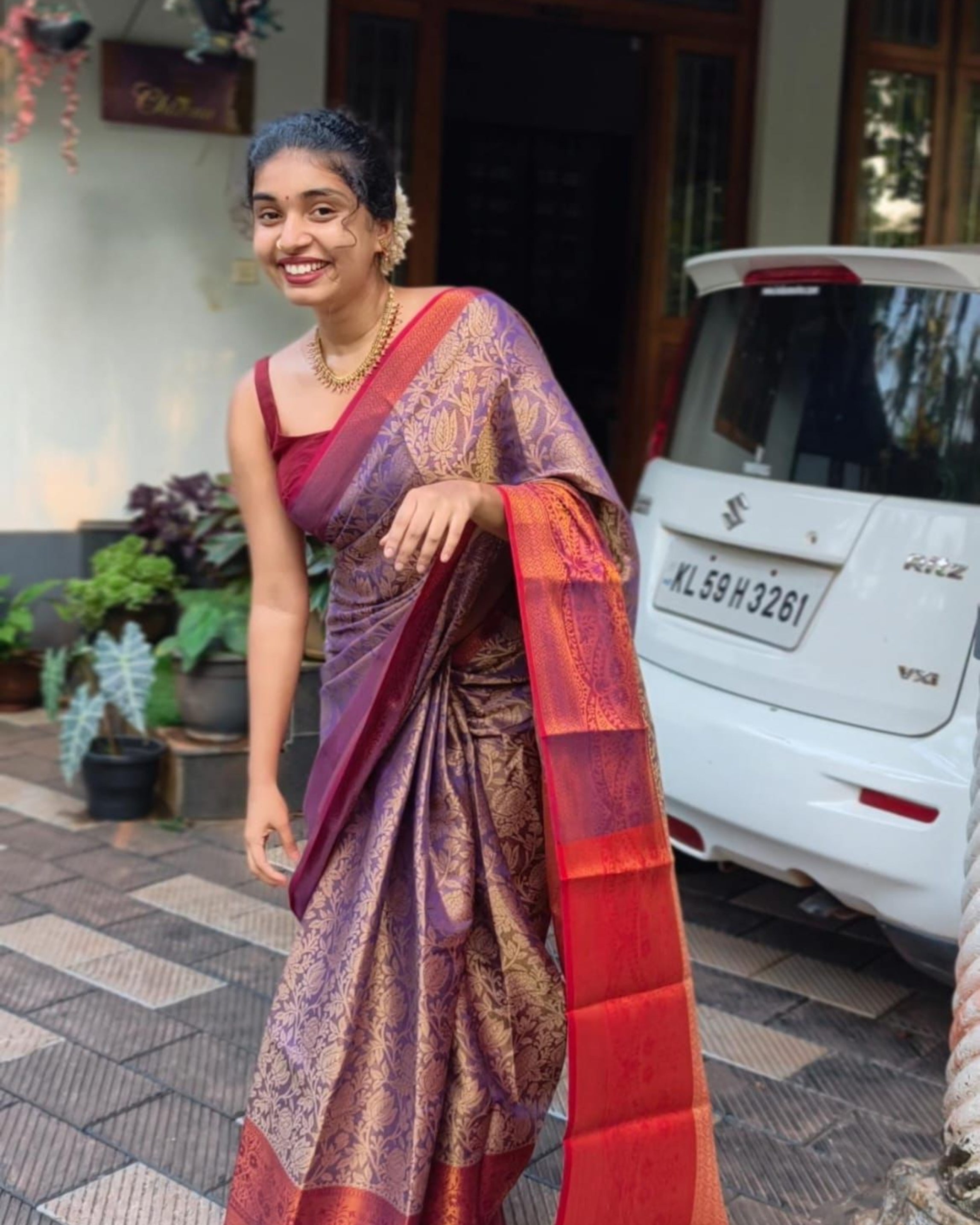 1 Gram Gold Saree - Purple with Red