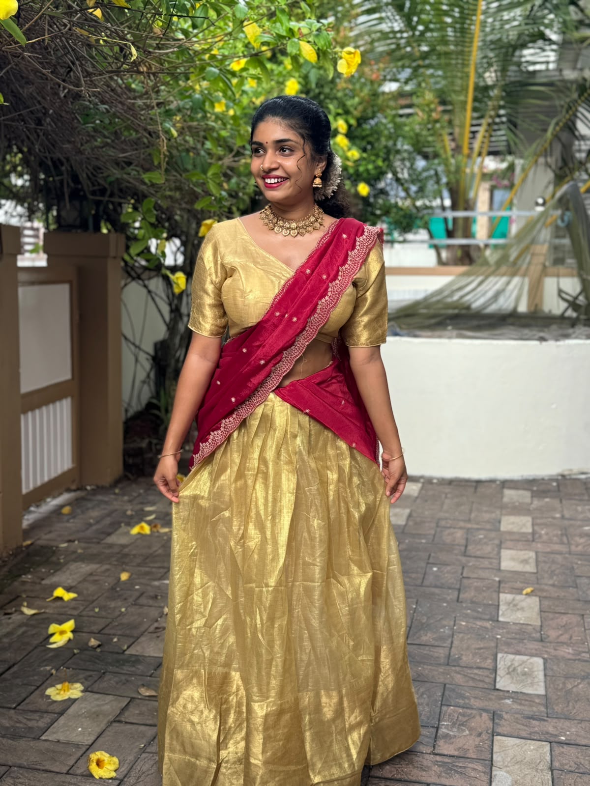 Onam Golden Half Saree With Contrast Shawl