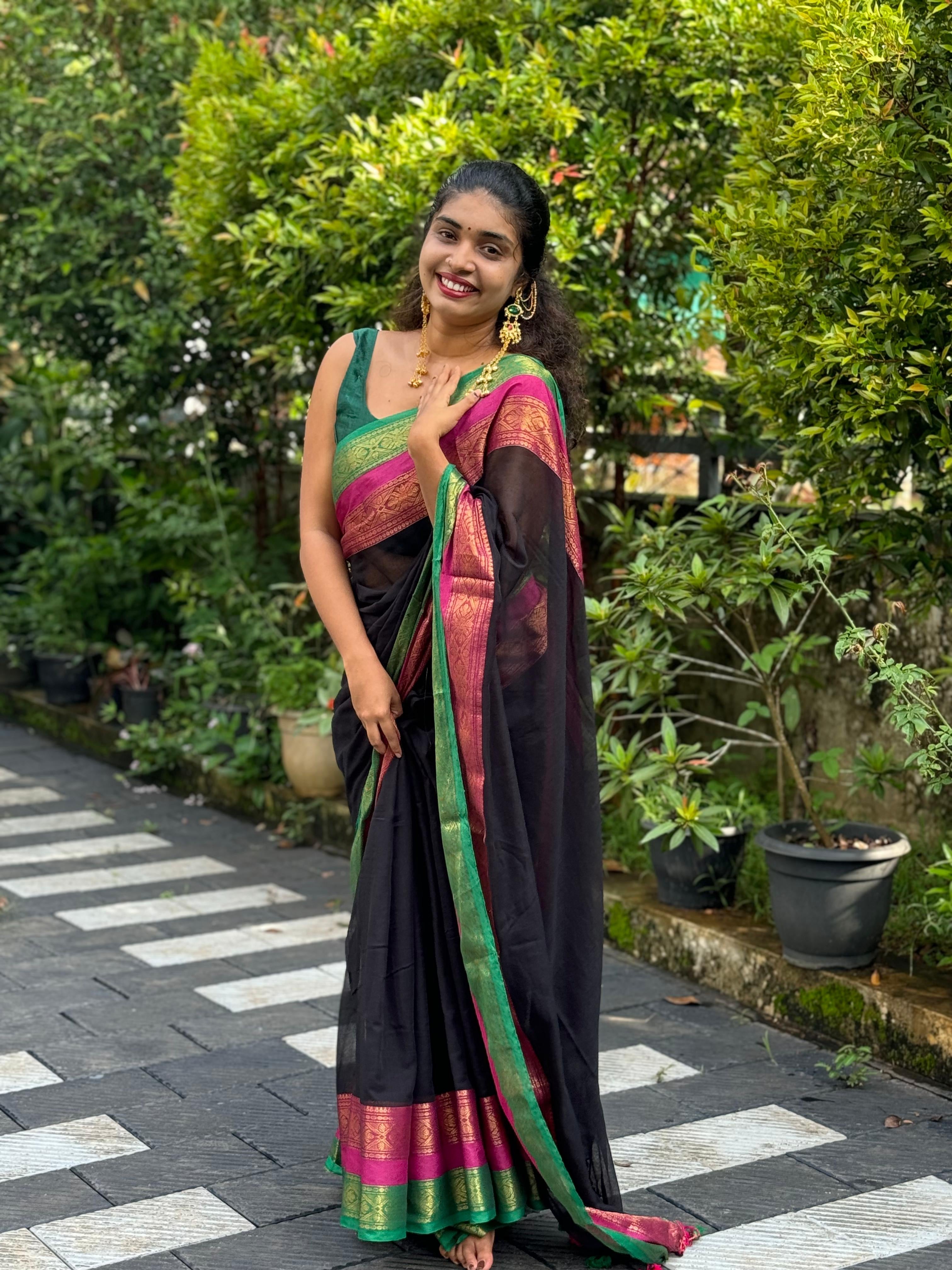 Mul Mul Cotton Saree - Black With Multi Coloured Border