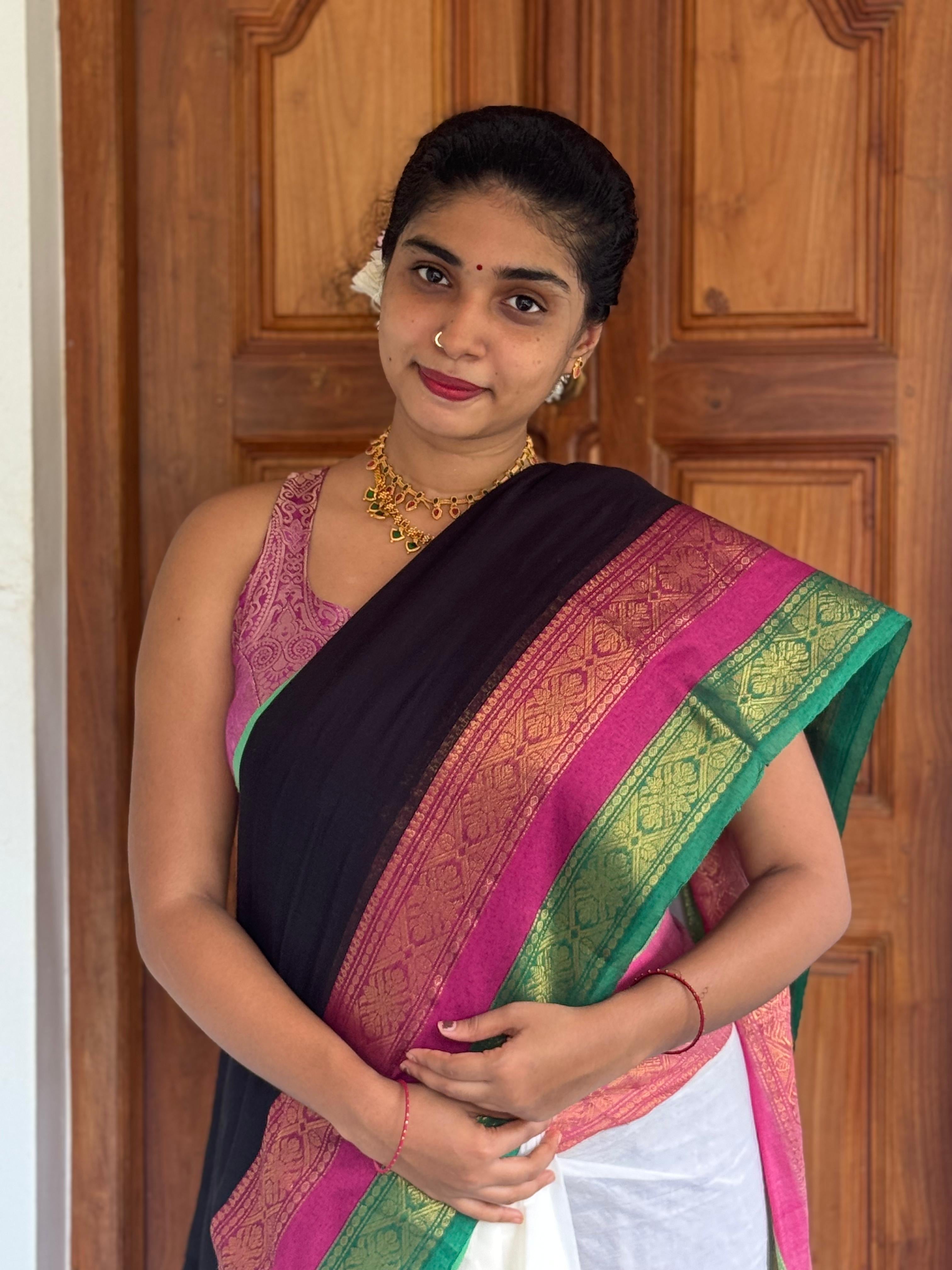 Mul Mul Cotton Saree - Black With Multi Coloured Border
