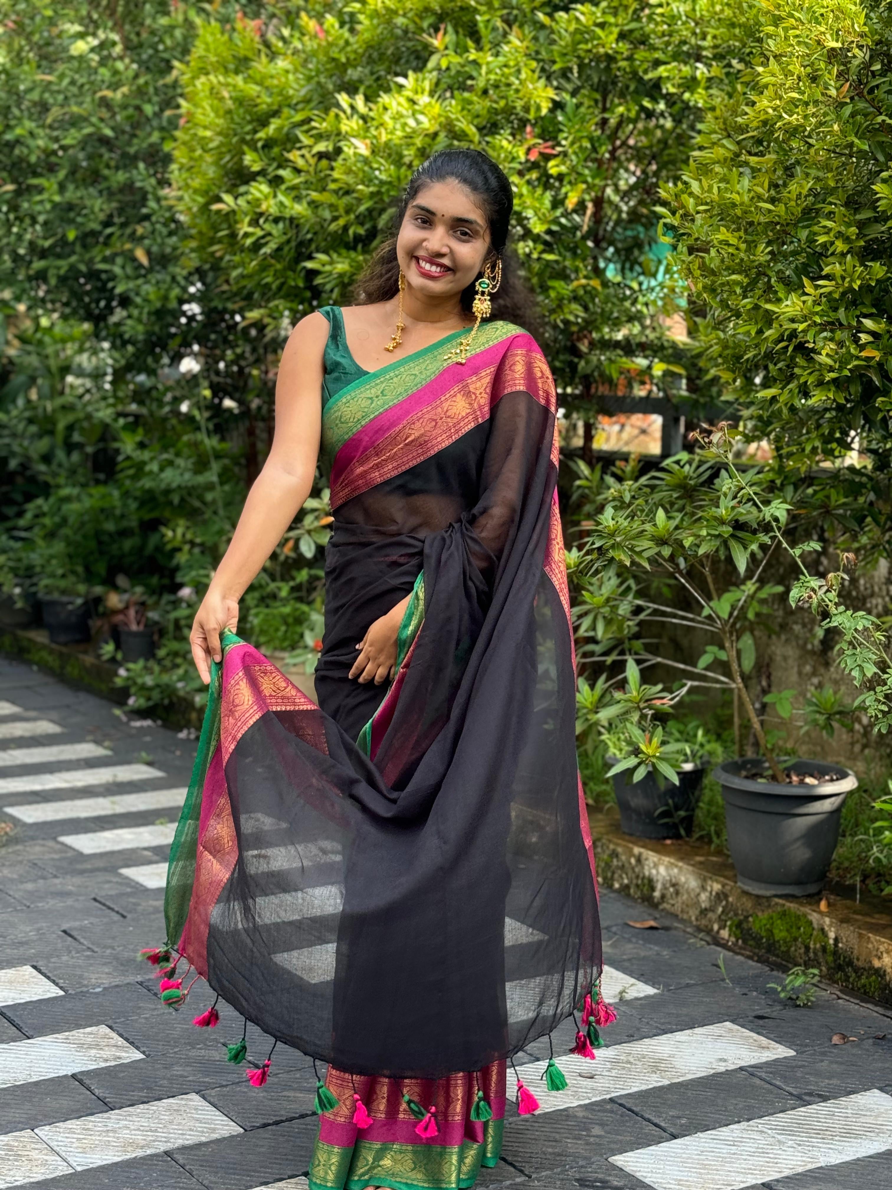 Mul Mul Cotton Saree - Black With Multi Coloured Border