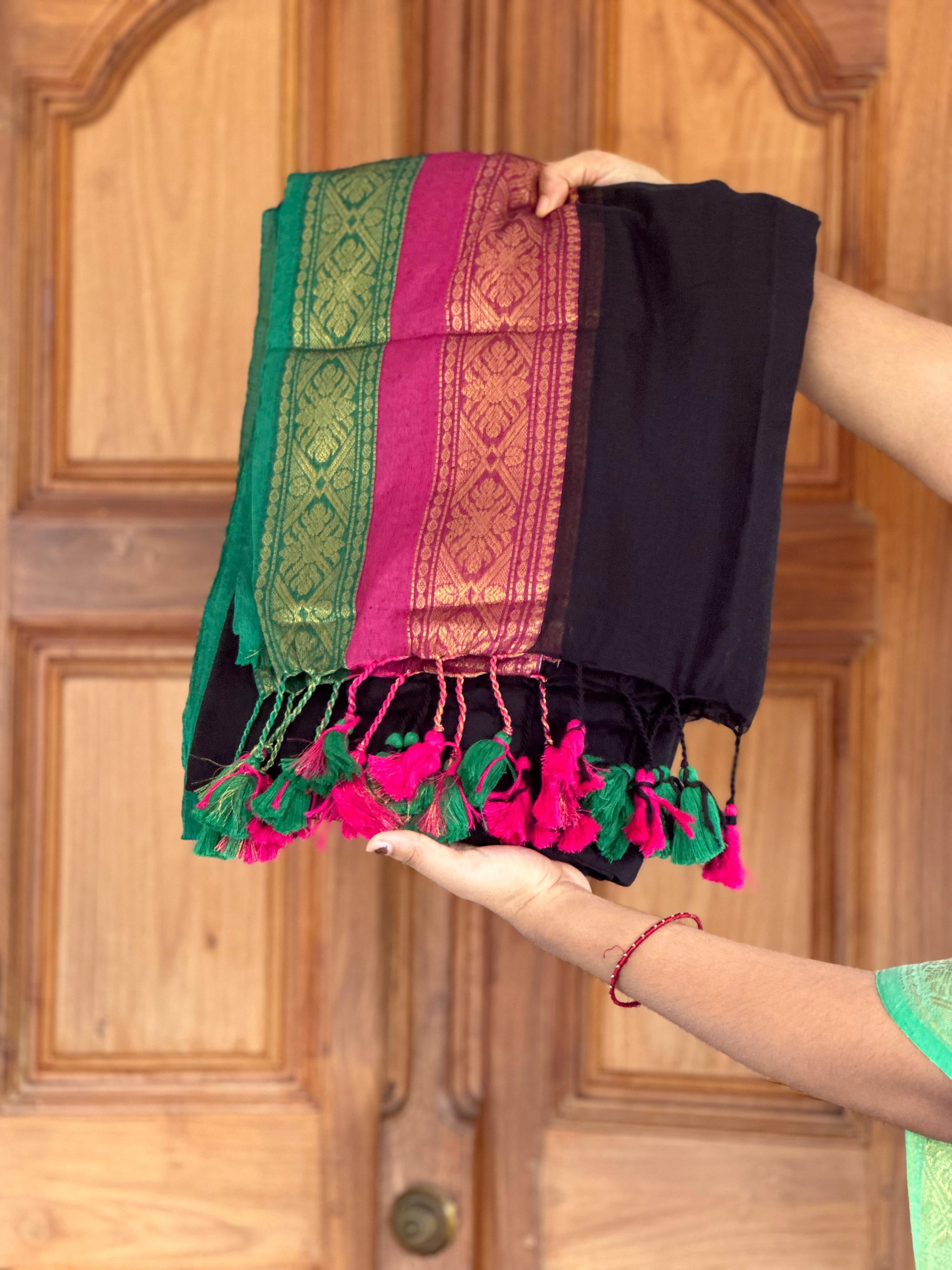 Mul Mul Cotton Saree - Black With Multi Coloured Border