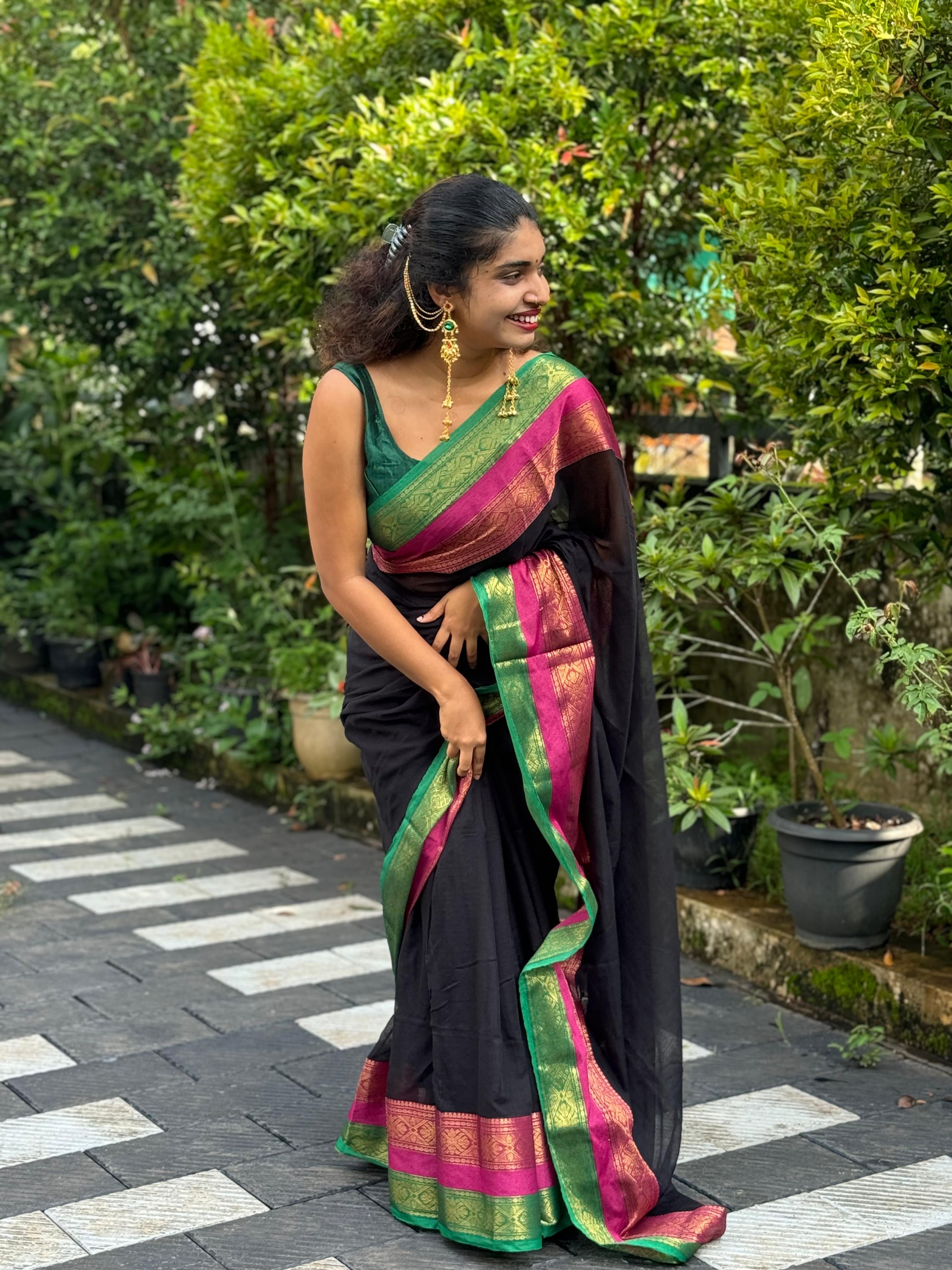 Mul Mul Cotton Saree - Black With Multi Coloured Border