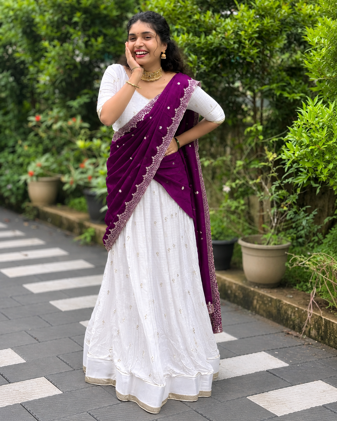 Fully Stitched Viscose Half Saree- White and Green.