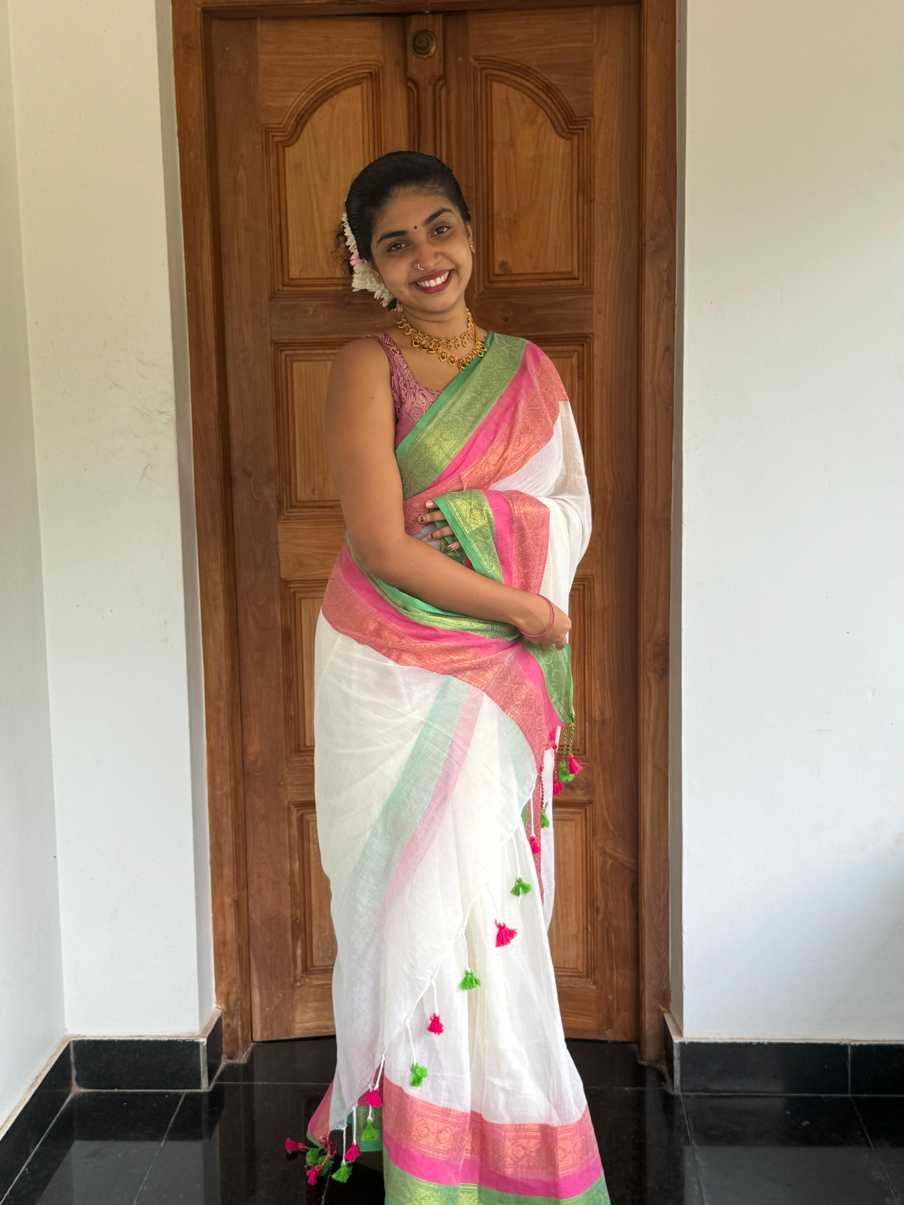 Mul Mul Cotton Saree - White With Multi Colour Border