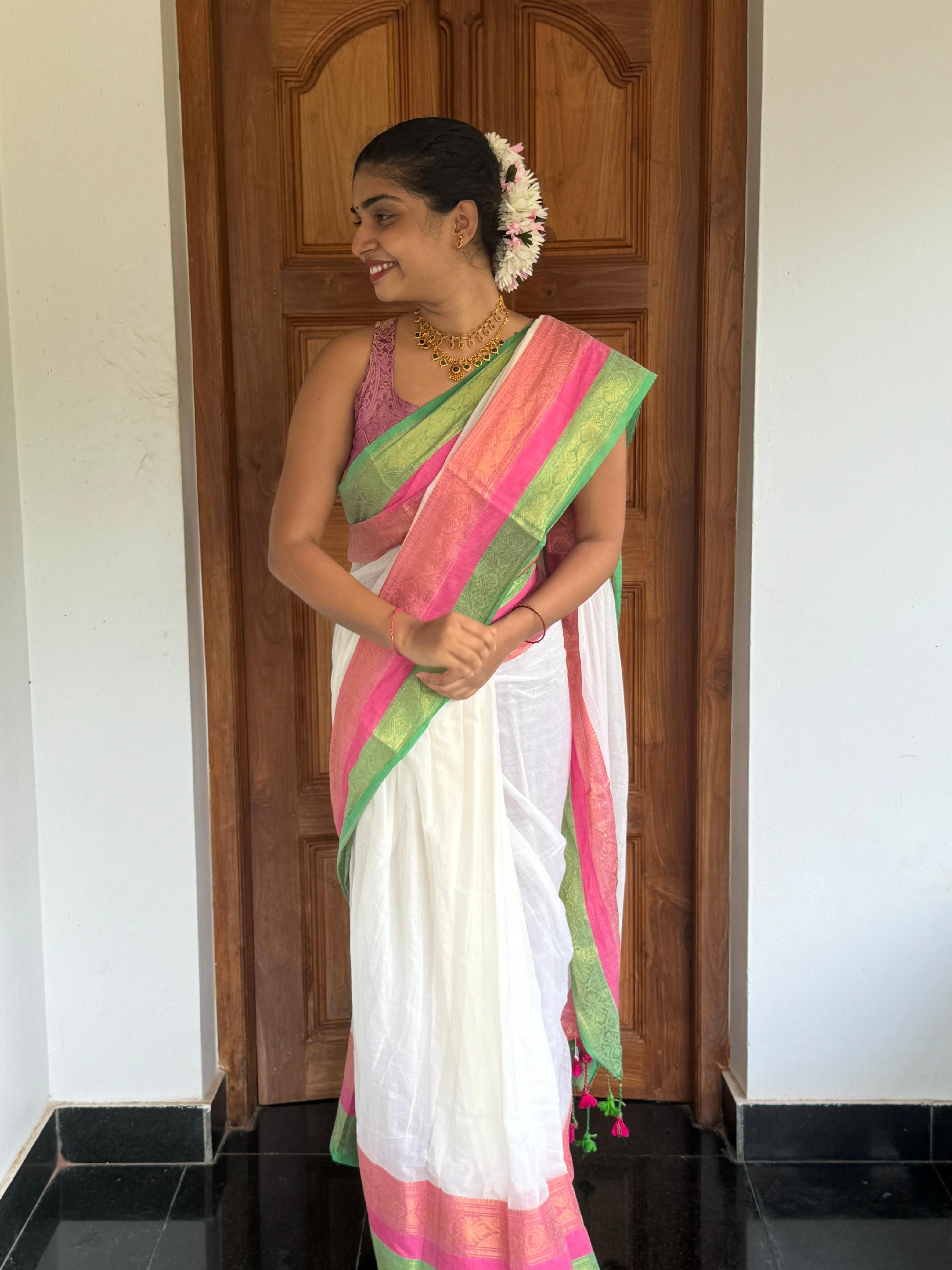 Mul Mul Cotton Saree - White With Multi Colour Border