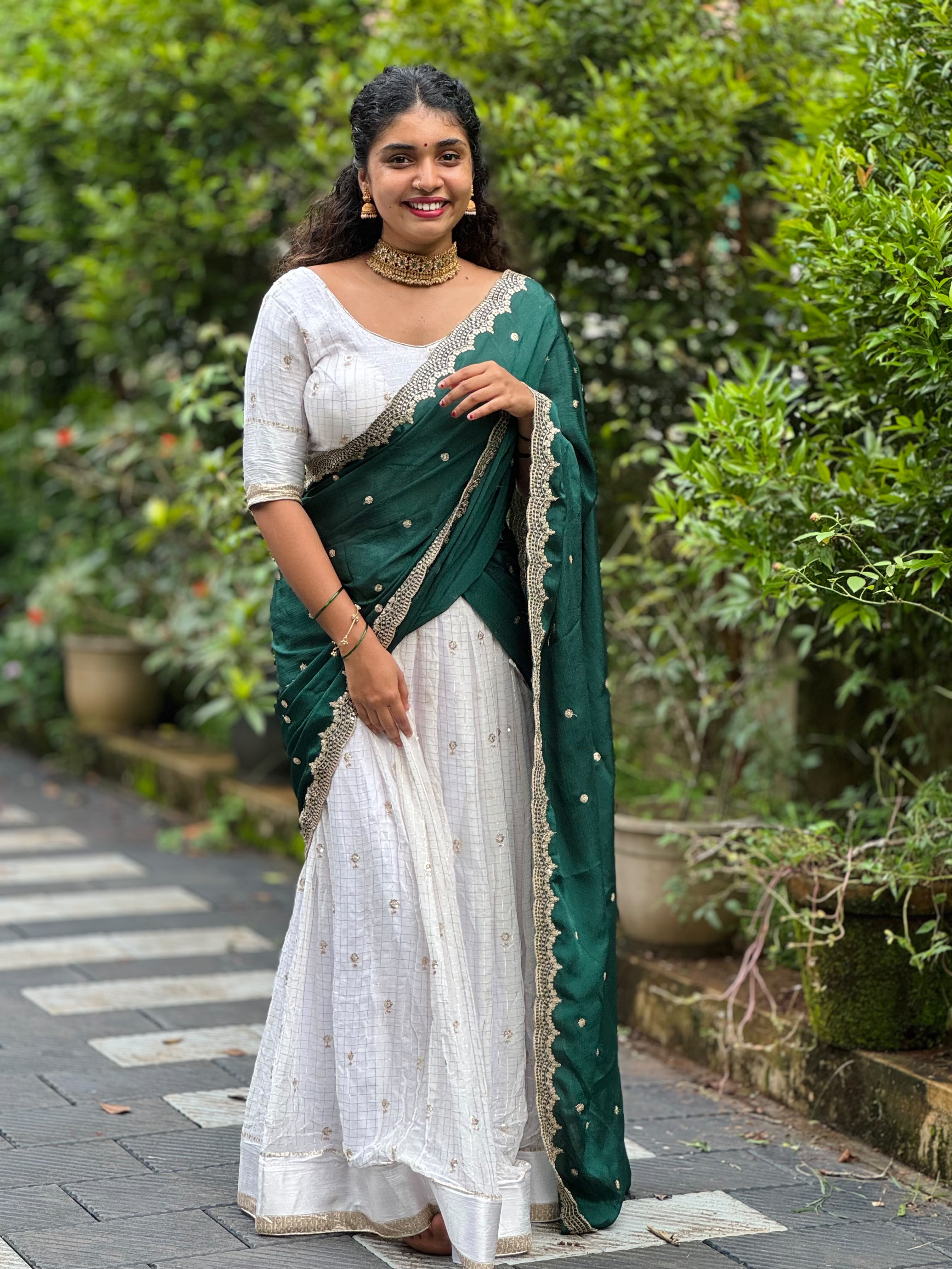 Fully Stitched Viscose Half Saree- White and Green.
