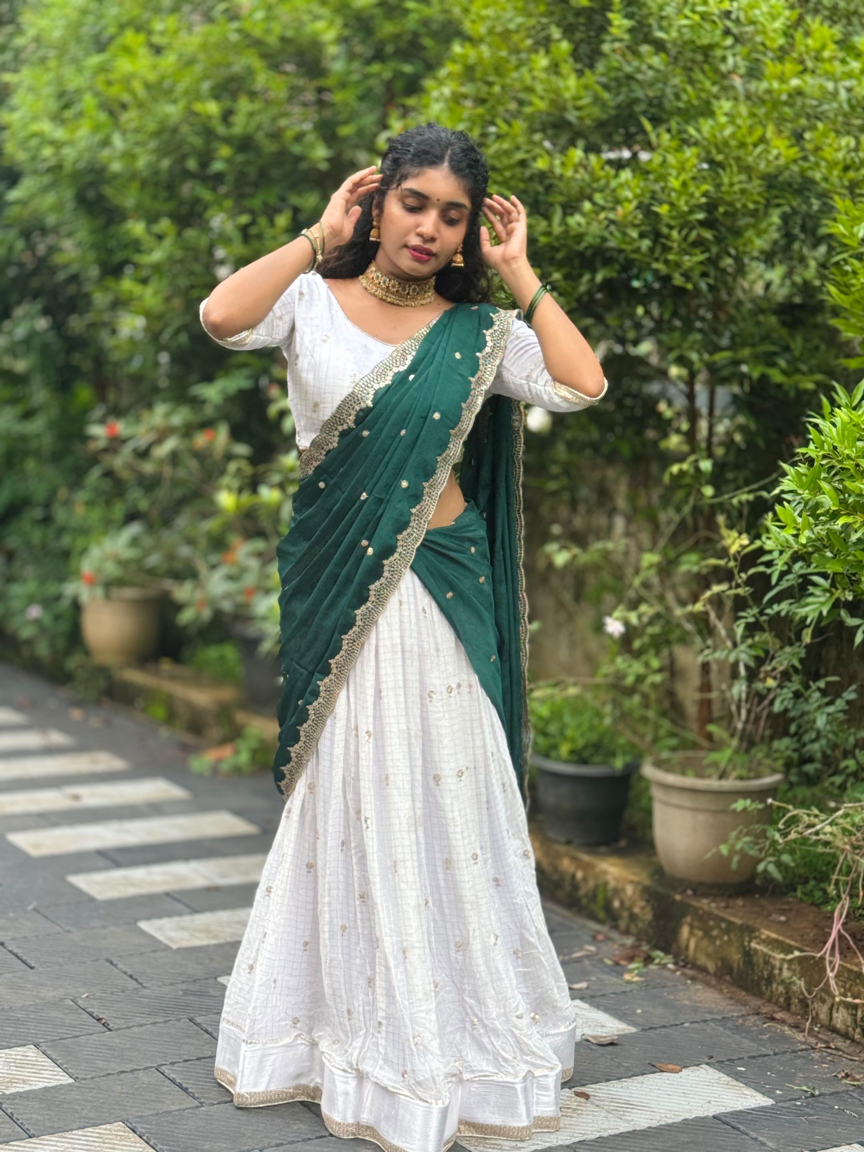 Fully Stitched Viscose Half Saree- White and Green.