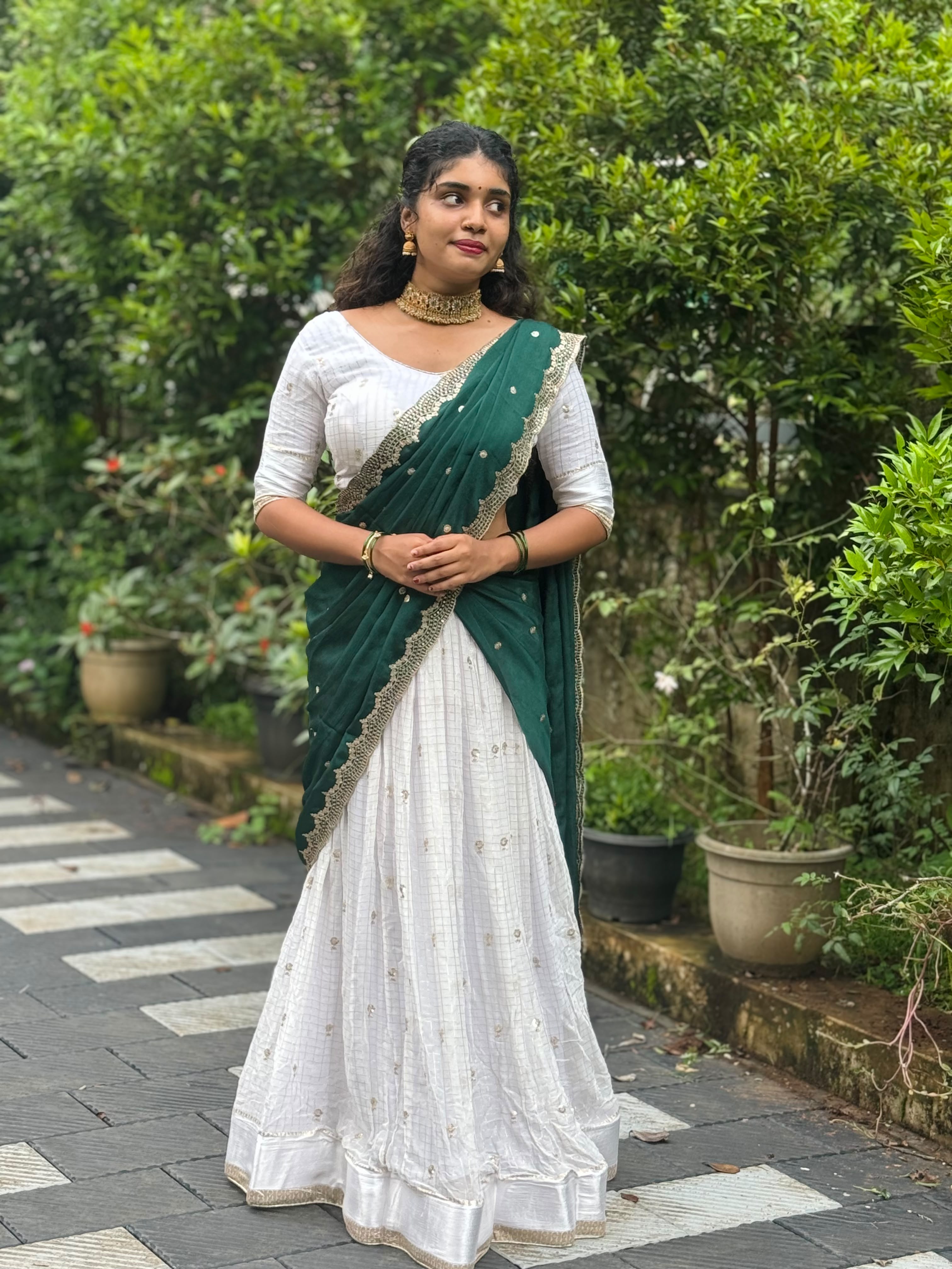 Fully Stitched Viscose Half Saree- White and Green.