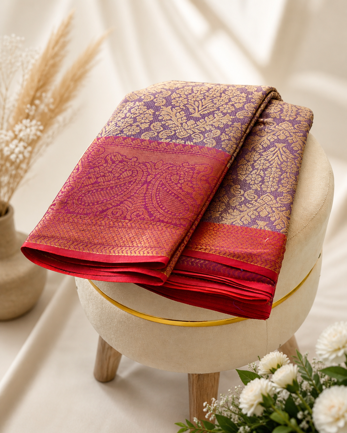 1 Gram gold saree - Purple with Red , Bouquet Pattern