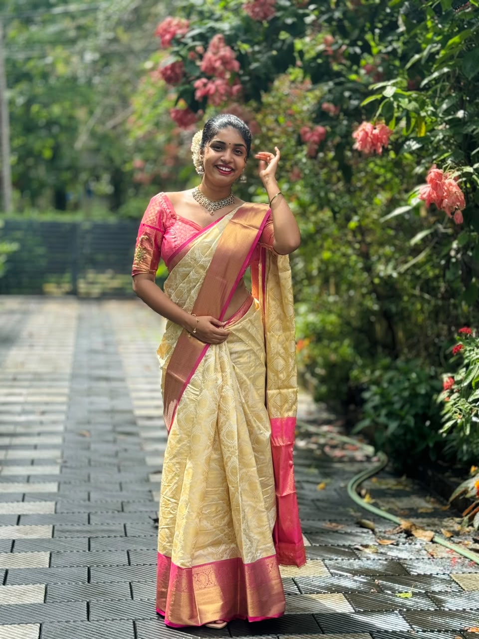 Cream Saree With Contrast Borders- Onam Launch