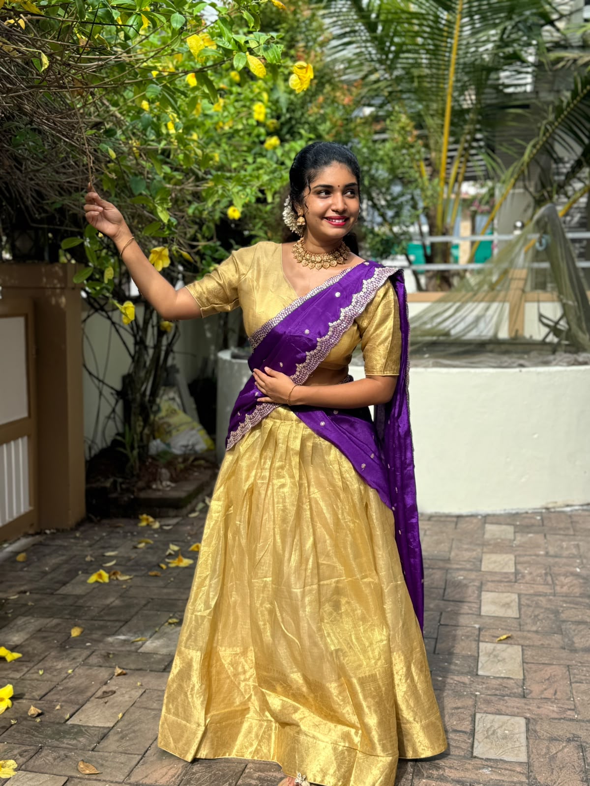Onam Golden Half Saree With Contrast Shawl